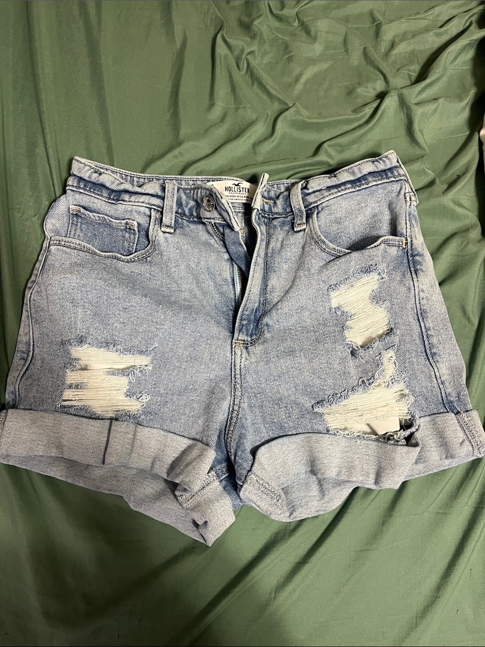 Hollister Light Wash Distressed Cuffed Denim Shorts - Blue